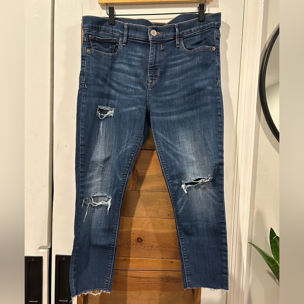 Express Dark Wash Distressed Cropped Legging Mid Rise Jeans